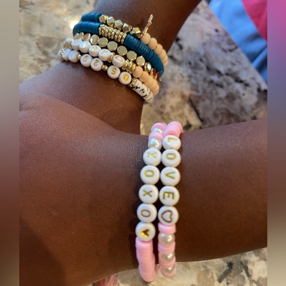 2 Clay Beaded Handmade stretchy Friendship Bracelets-Pink and white- NEW